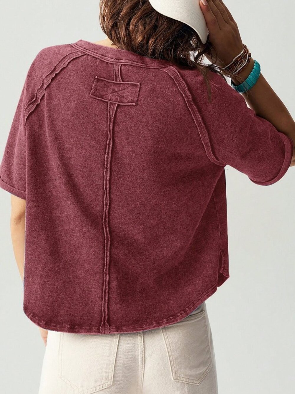 Burgundy Casual Boho Women's Knitted Crew Neck Raglan Short Sleeve Loose T-Shirt - Picture 2 of 8